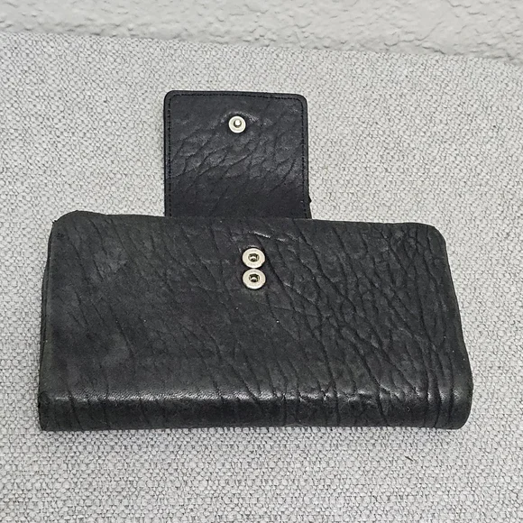 AllSaints Black Distressed Leather Tri Fold Wallet Zip Pocket - Picture 7 of 11